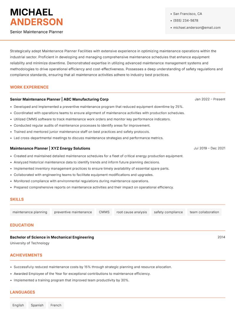 Maintenance Planner Facilities resume sample — Senior Maintenance Planner focus