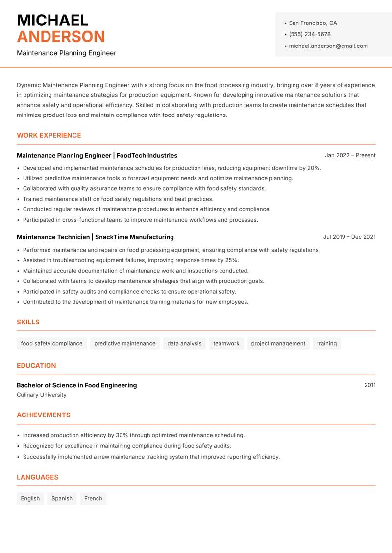 Maintenance Planning Engineer resume sample — Maintenance Planning Engineer focus