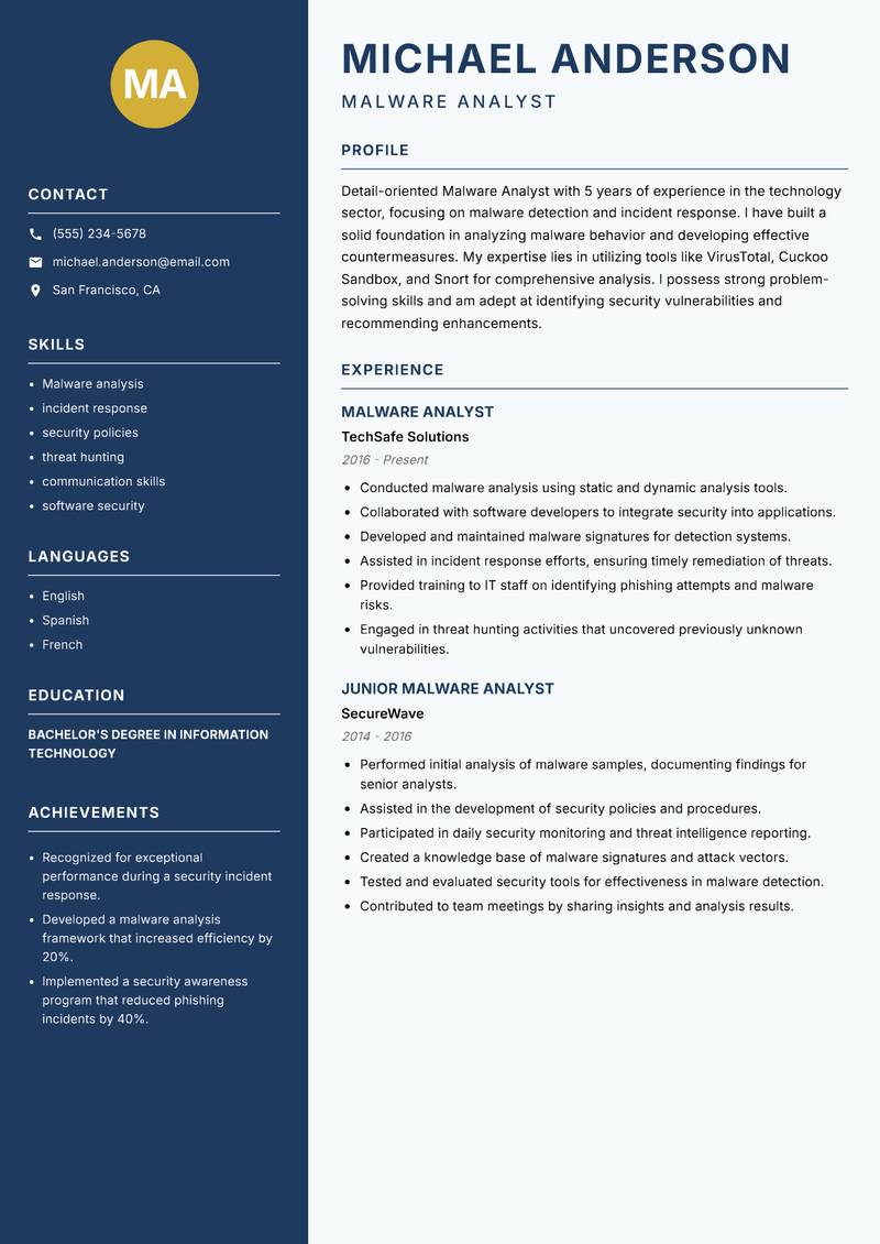 Malware Analyst resume sample — Malware Analyst focus