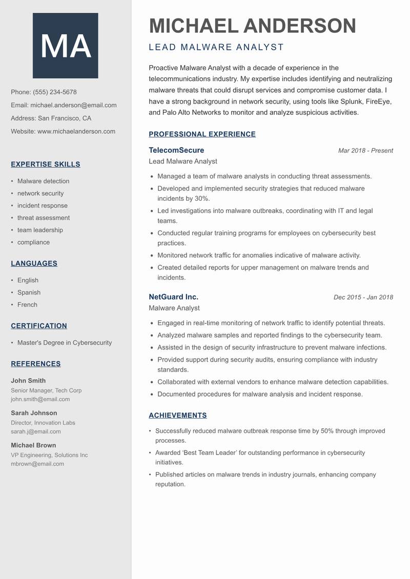 Malware Analyst resume sample — Lead Malware Analyst focus
