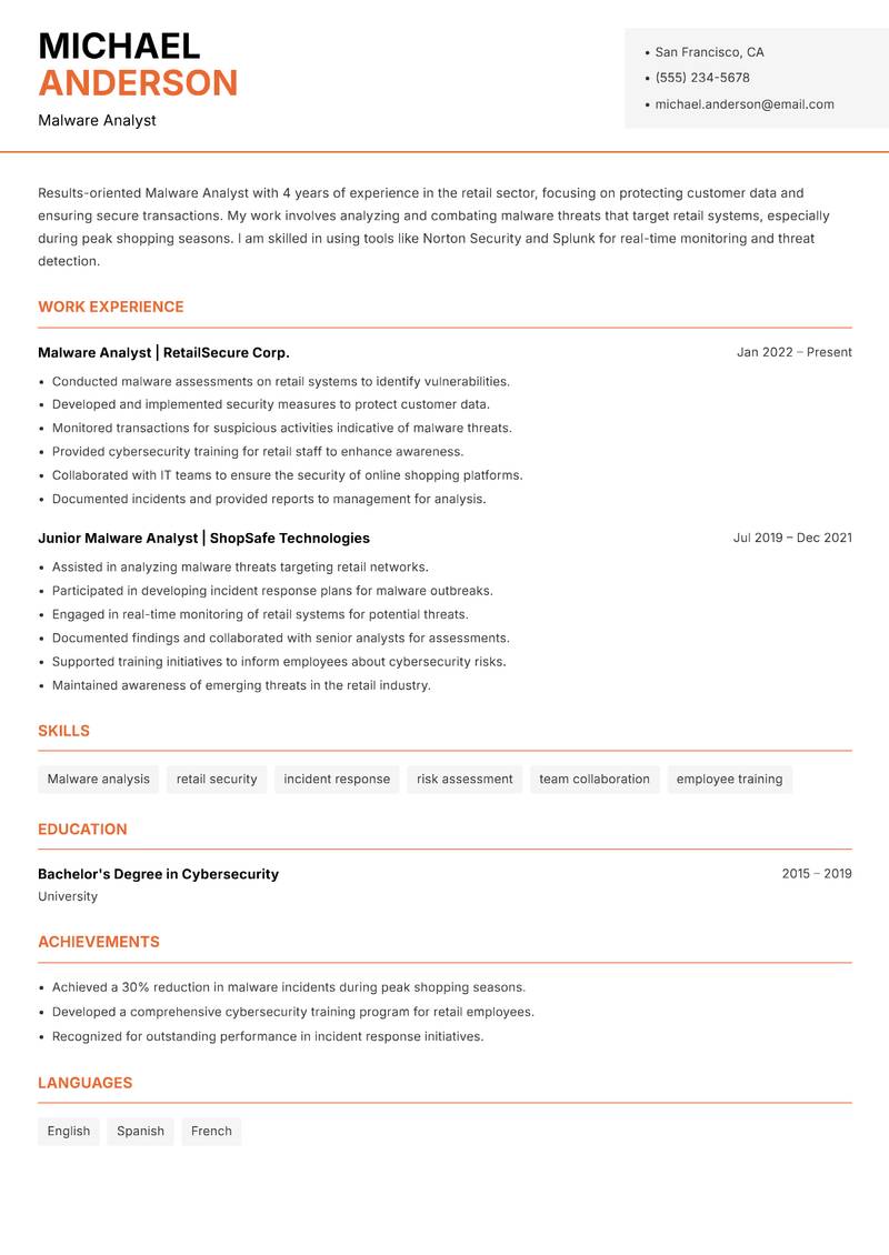 Malware Analyst resume sample — Malware Analyst focus