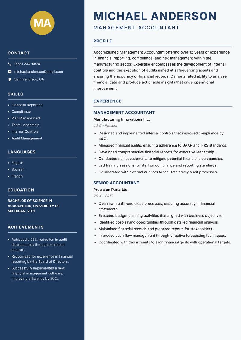 Management Accountant resume sample — Management Accountant focus