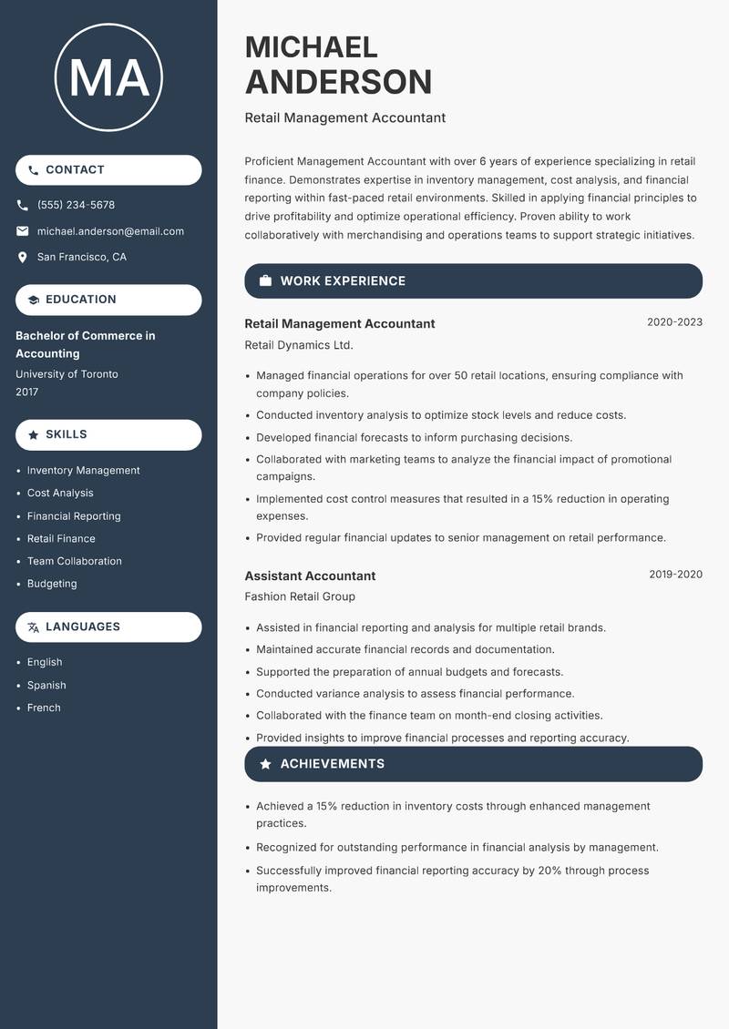 Management Accountant resume sample — Retail Management Accountant focus