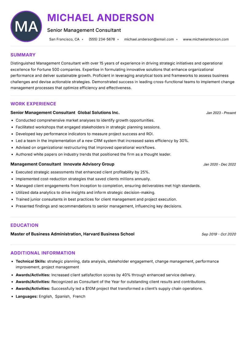 Management Consultant resume example