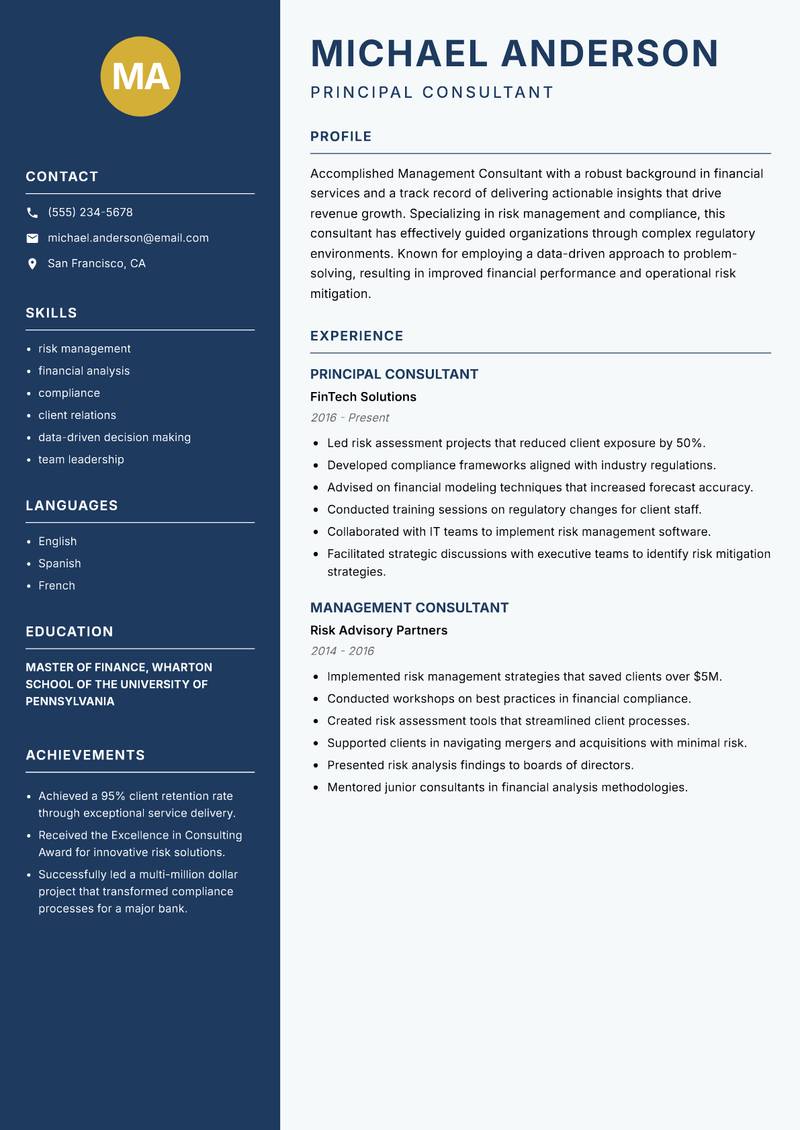 Management Consultant resume sample — Principal Consultant focus