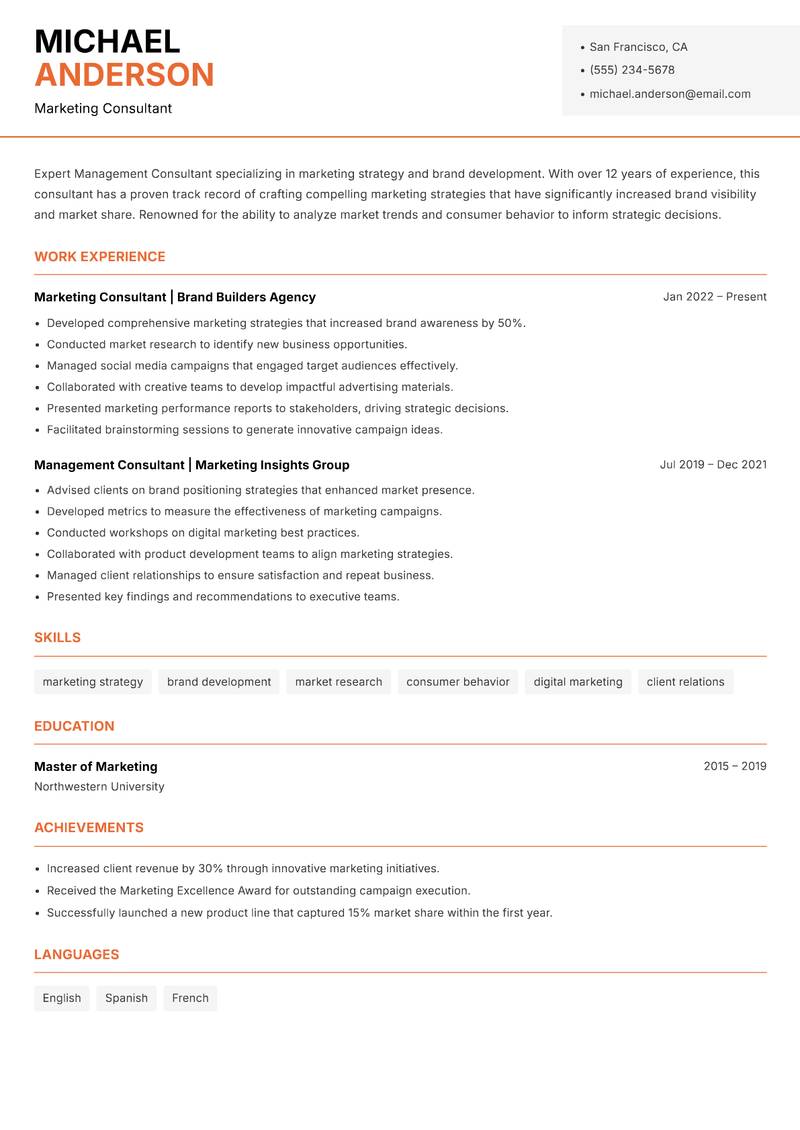 Management Consultant resume sample — Marketing Consultant focus