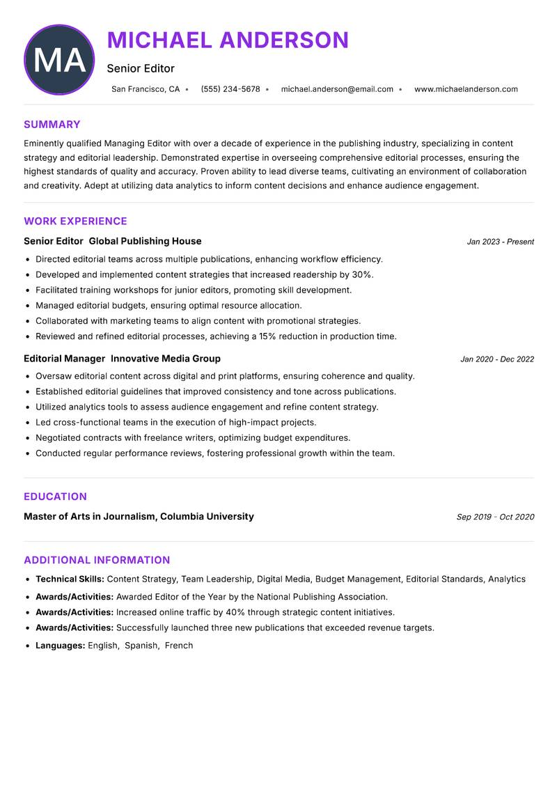 Managing Editor resume example