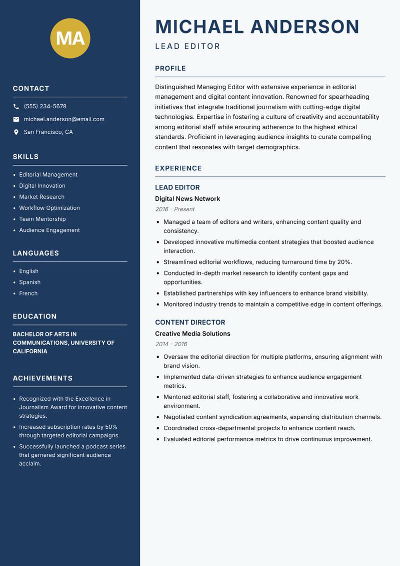 Managing Editor resume sample — Lead Editor focus