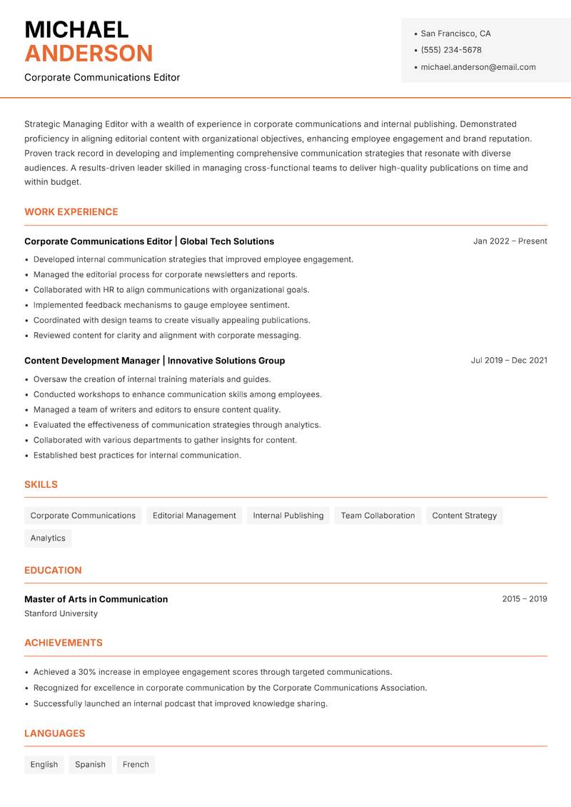 Managing Editor resume sample — Corporate Communications Editor focus