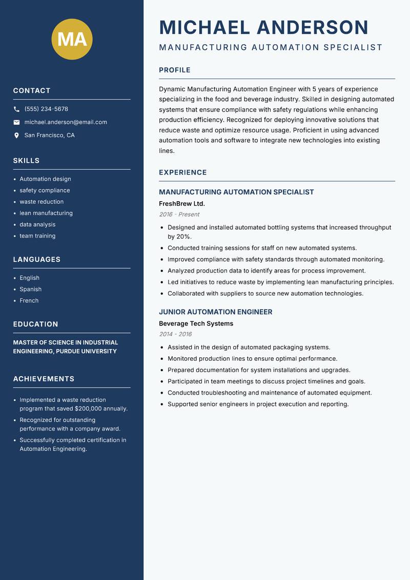 Manufacturing Automation Engineer resume sample — Manufacturing Automation Specialist focus