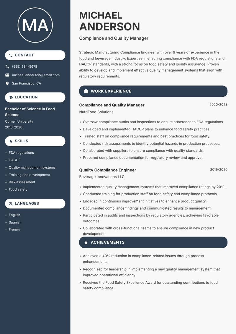 Manufacturing Compliance Engineer resume sample — Compliance and Quality Manager focus