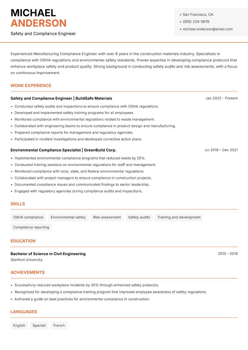 Manufacturing Compliance Engineer resume sample — Safety and Compliance Engineer focus
