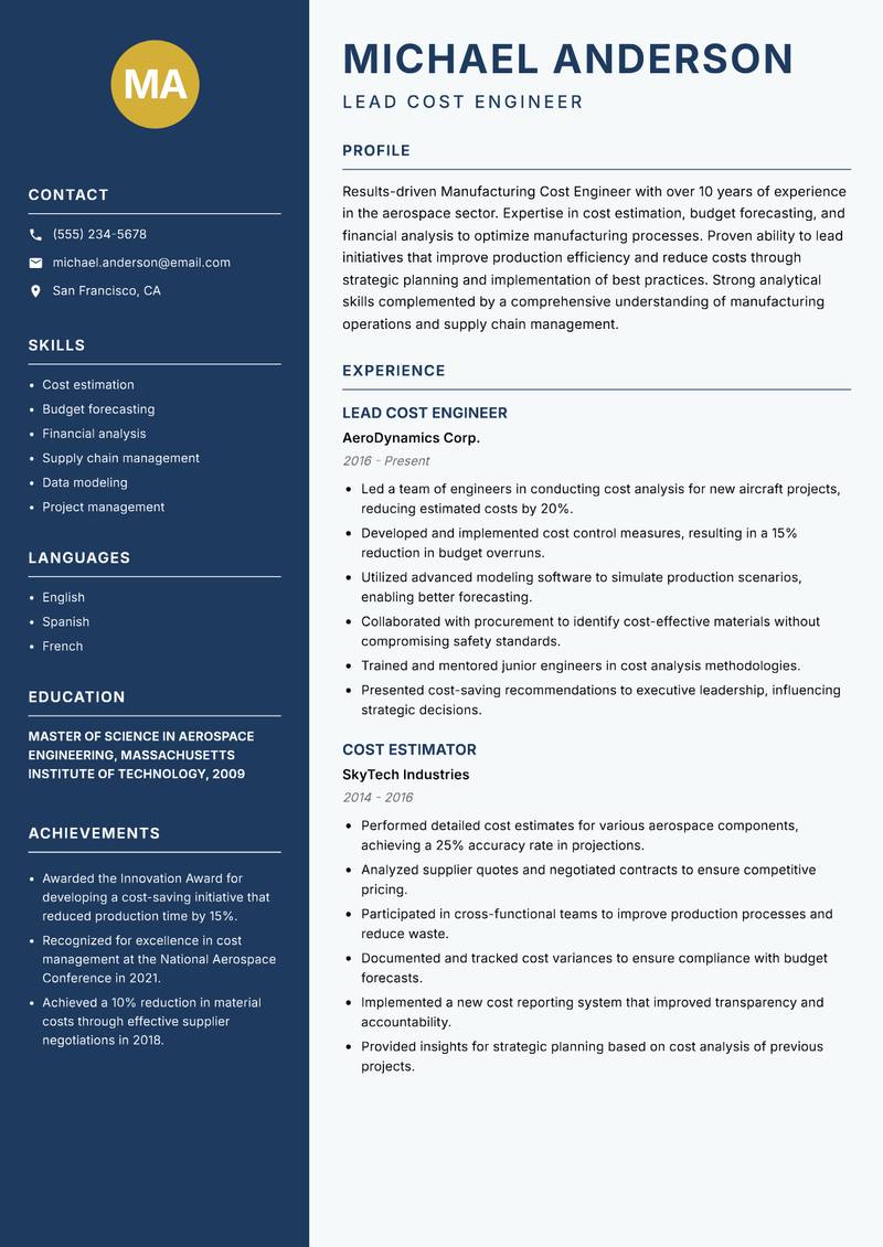 Manufacturing Cost Engineer resume sample — Lead Cost Engineer focus