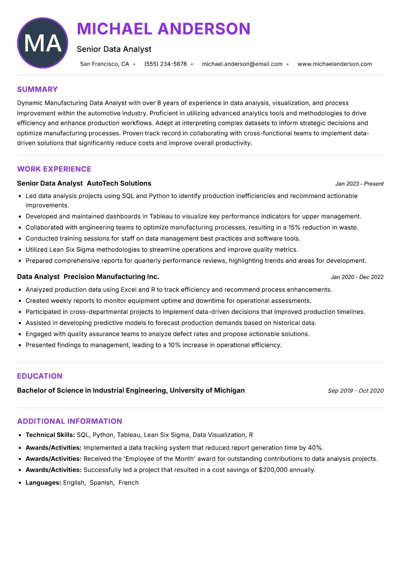 Manufacturing Data Analyst resume example