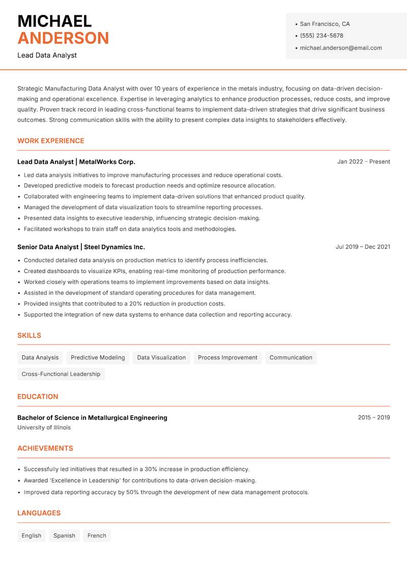 Manufacturing Data Analyst resume sample — Lead Data Analyst focus