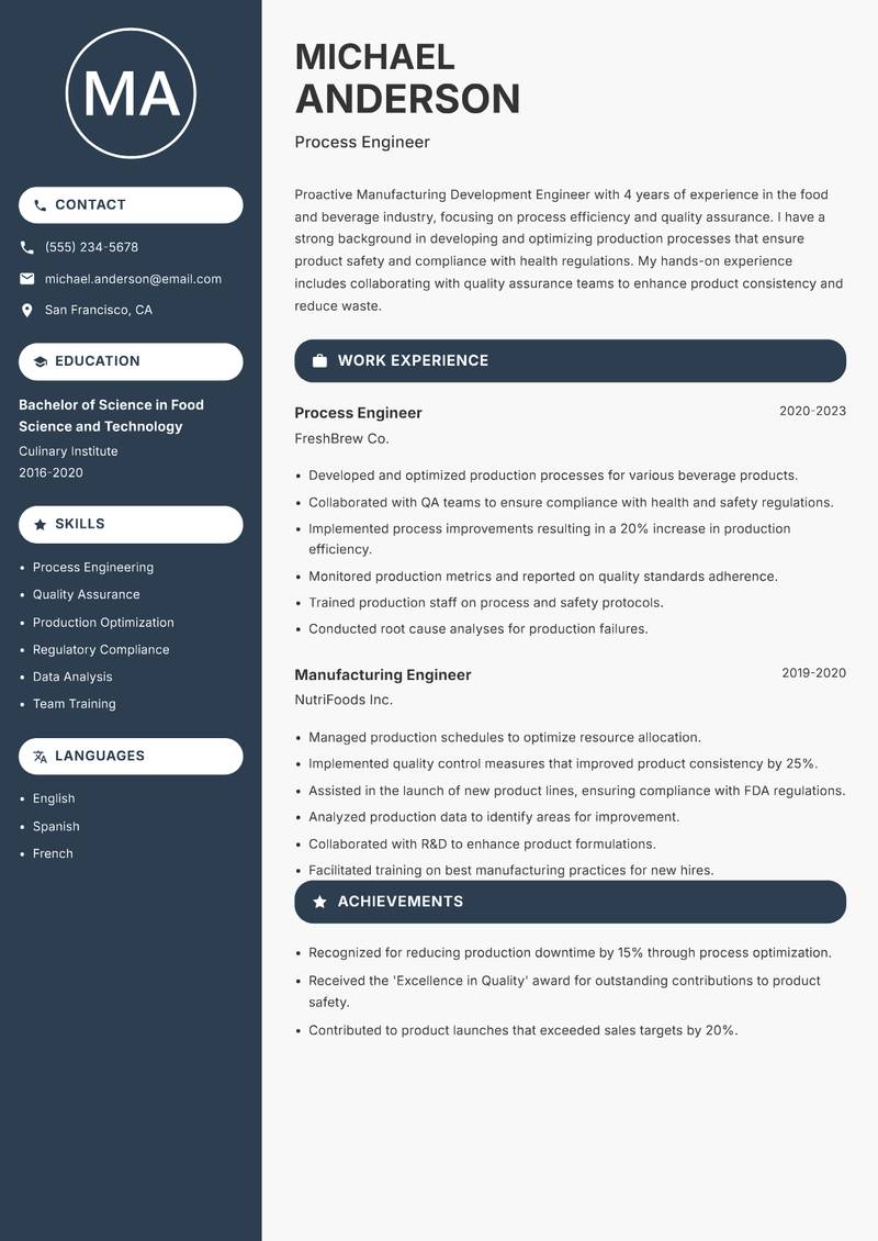 Manufacturing Development Engineer resume sample — Process Engineer focus