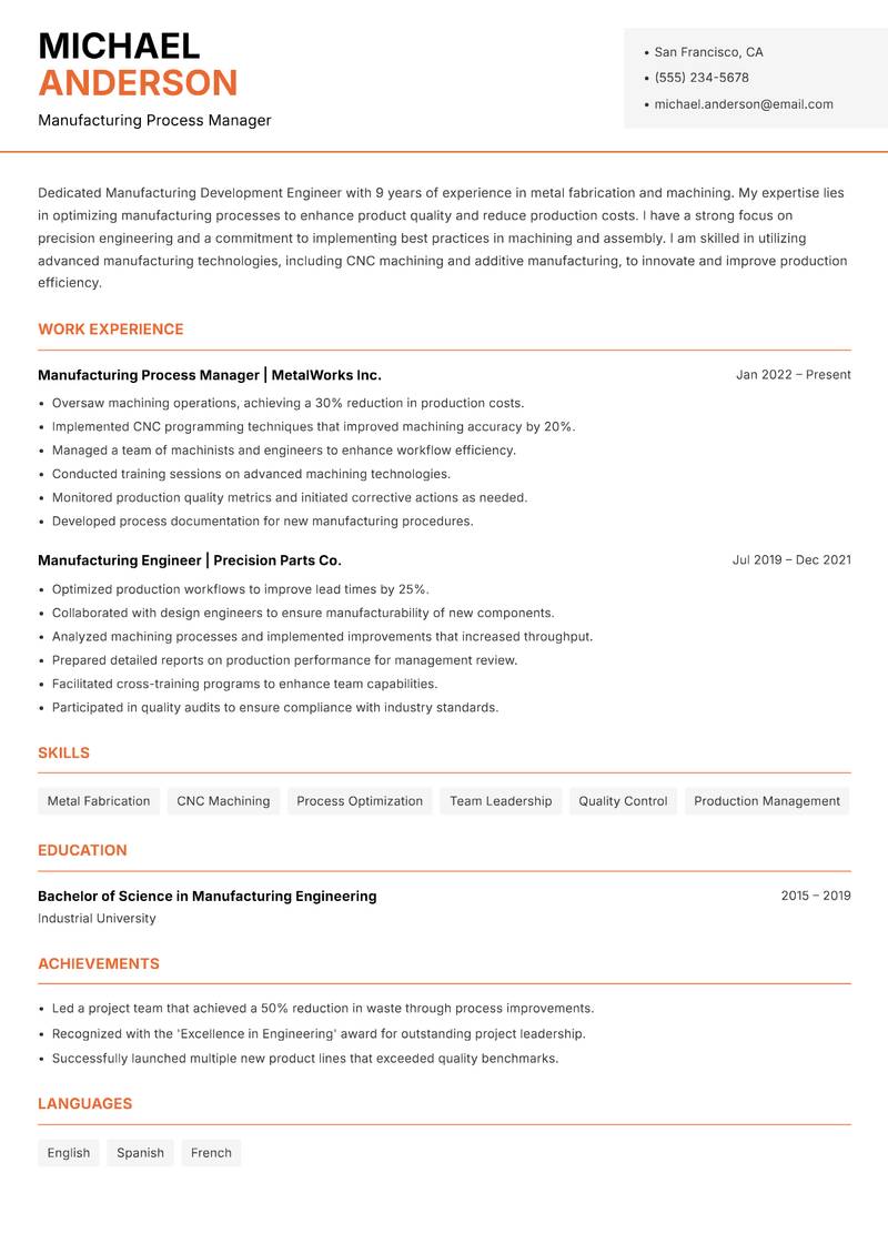 Manufacturing Development Engineer resume sample — Manufacturing Process Manager focus
