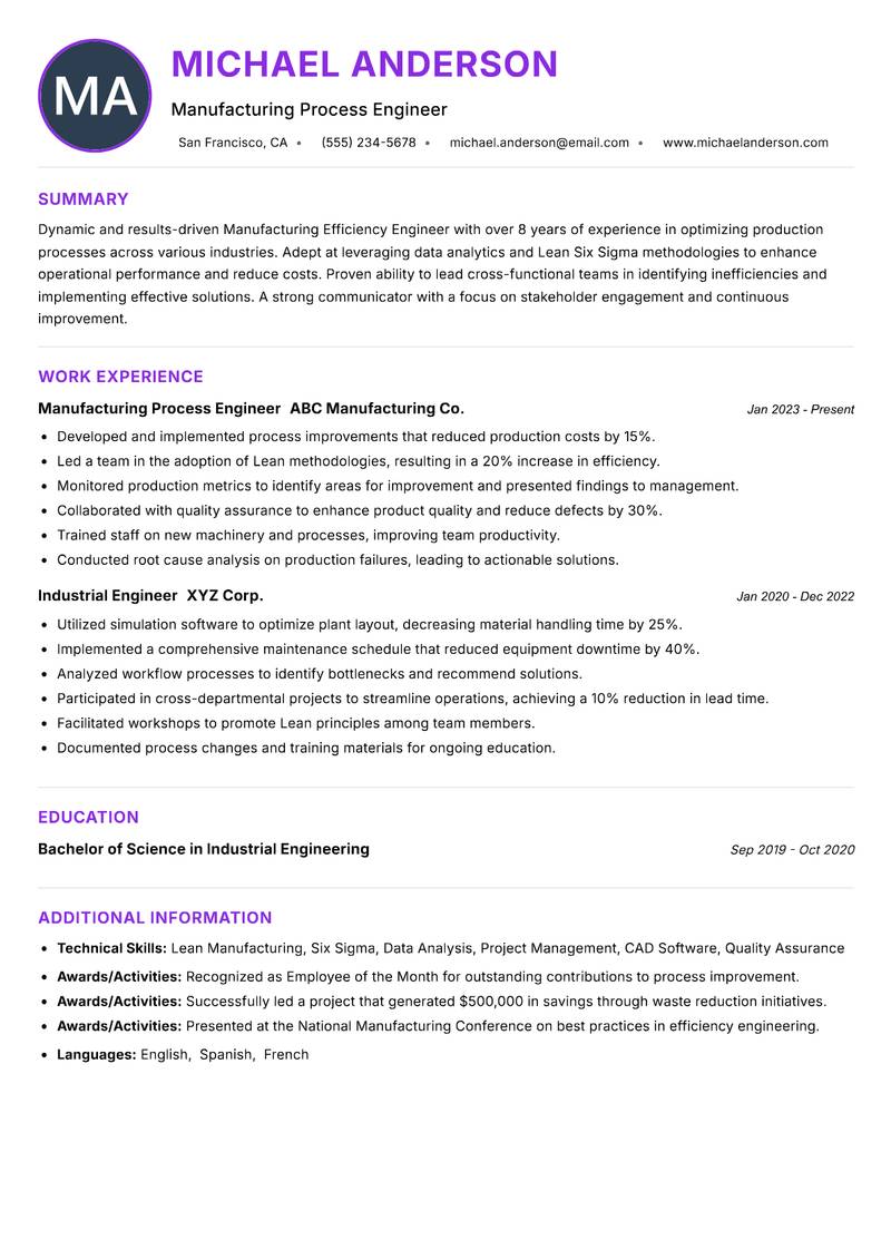 Manufacturing Efficiency Engineer resume example