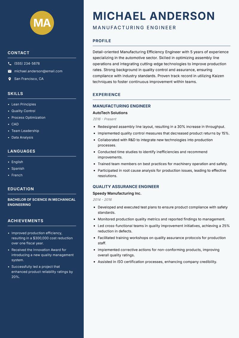 Manufacturing Efficiency Engineer resume sample — Manufacturing Engineer focus
