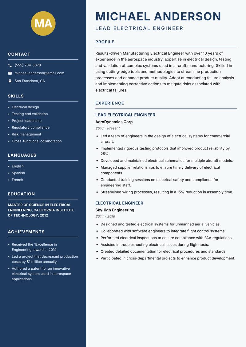 Manufacturing Electrical Engineer resume sample — Lead Electrical Engineer focus