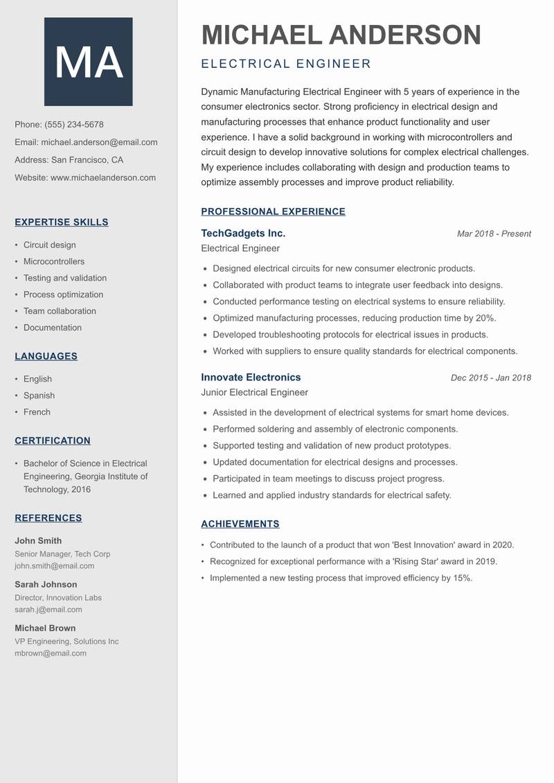 Manufacturing Electrical Engineer resume sample — Electrical Engineer focus