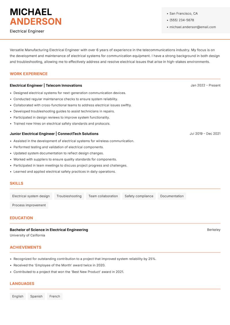 Manufacturing Electrical Engineer resume sample — Electrical Engineer focus