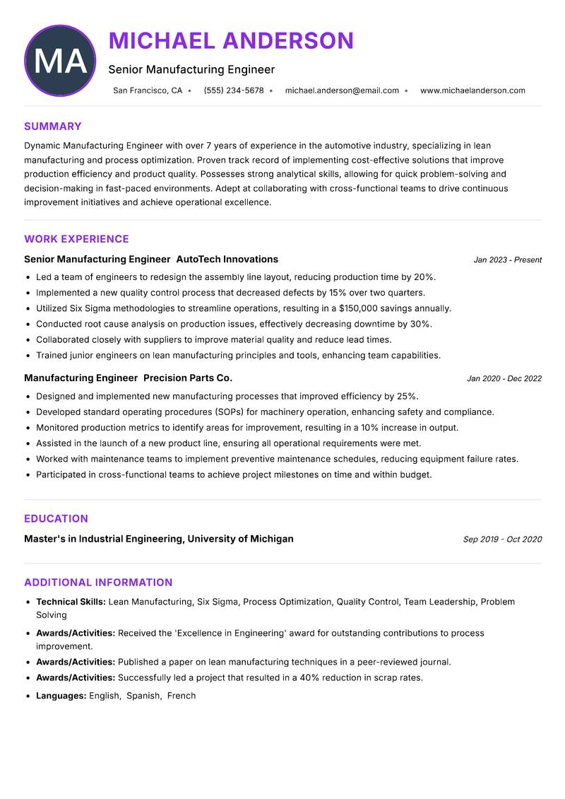 Manufacturing Engineer resume example