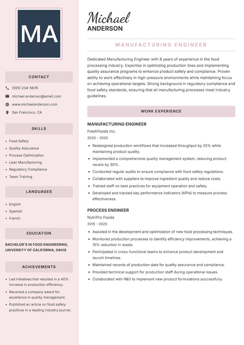 Manufacturing Engineer resume sample — Manufacturing Engineer focus