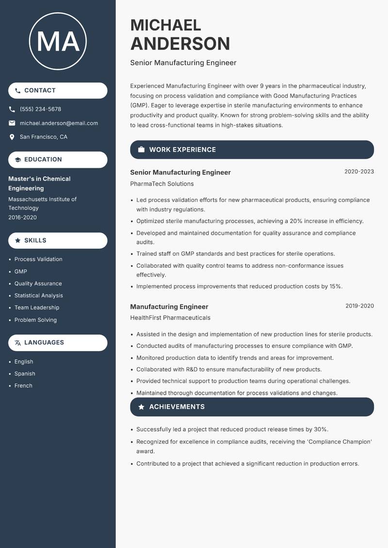 Manufacturing Engineer resume sample — Senior Manufacturing Engineer focus