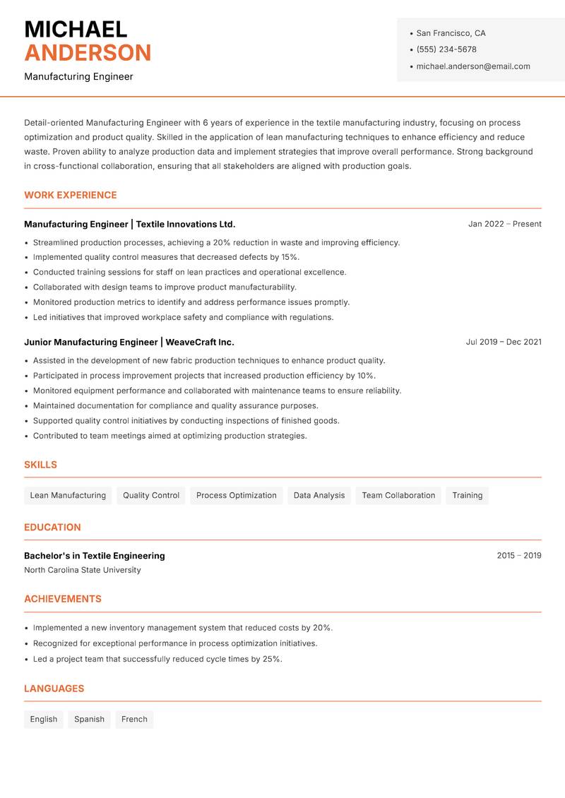 Manufacturing Engineer resume sample — Manufacturing Engineer focus