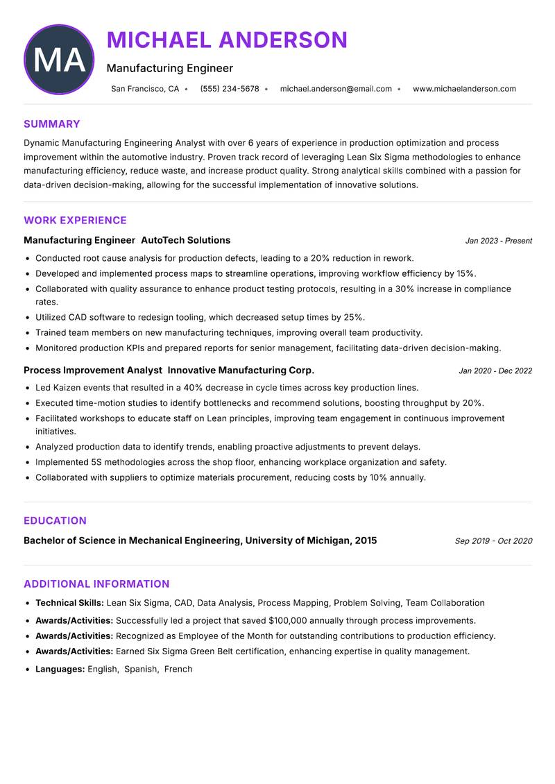 Manufacturing Engineering Analyst resume example