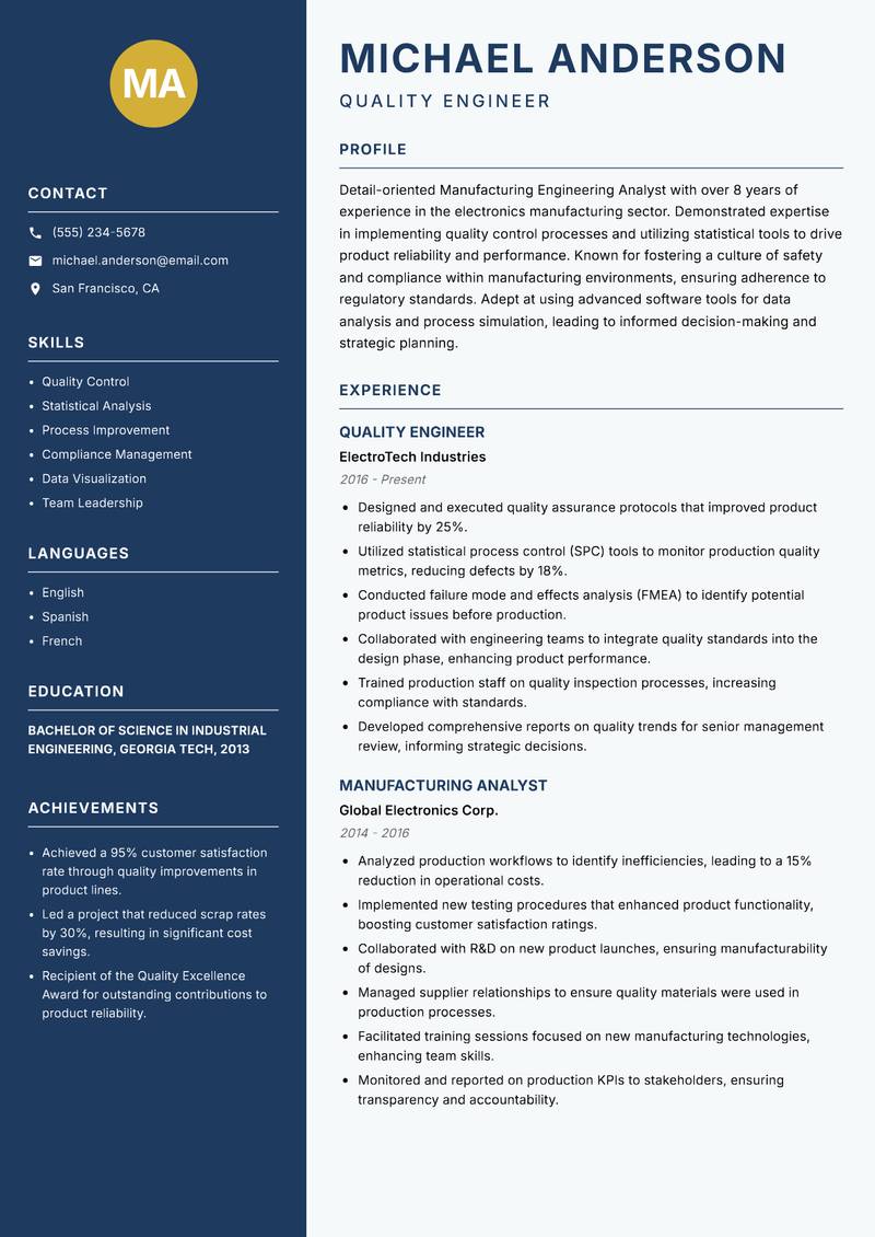 Manufacturing Engineering Analyst resume sample — Quality Engineer focus