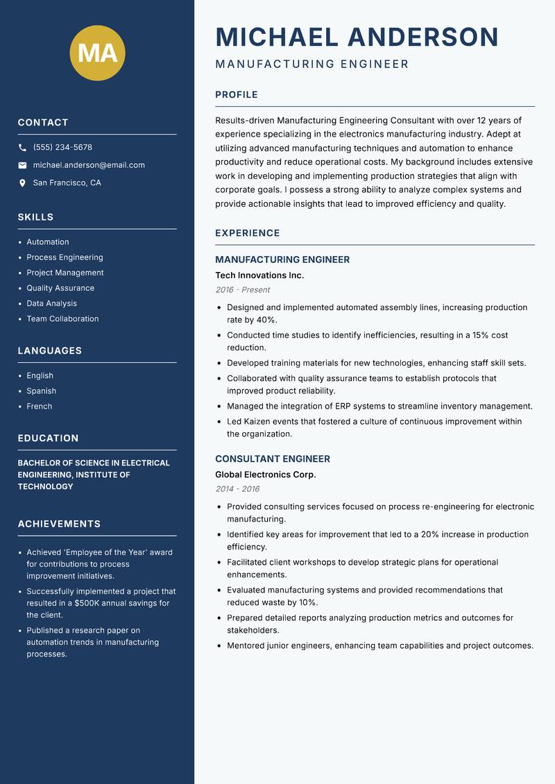 Manufacturing Engineering Consultant resume sample — Manufacturing Engineer focus