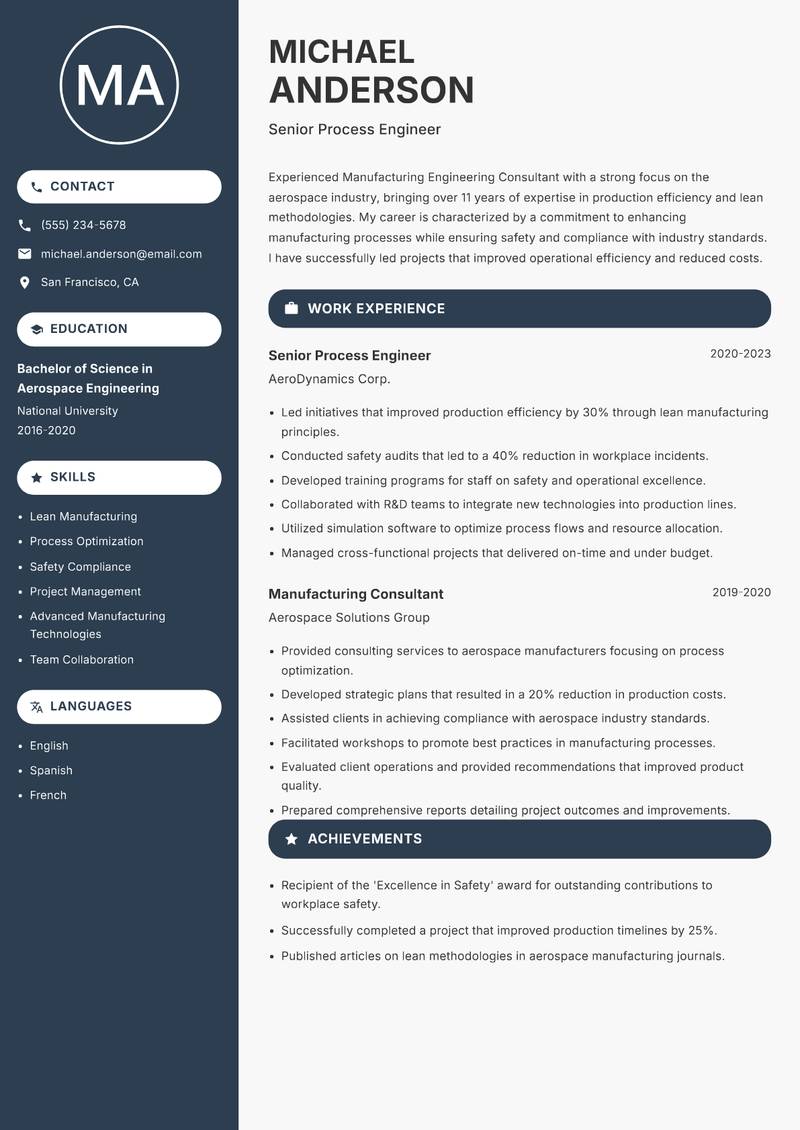 Manufacturing Engineering Consultant resume sample — Senior Process Engineer focus