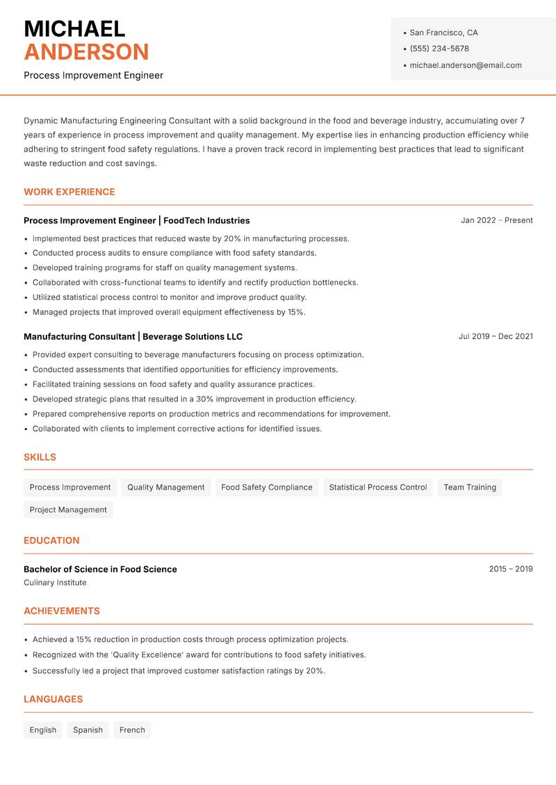 Manufacturing Engineering Consultant resume sample — Process Improvement Engineer focus