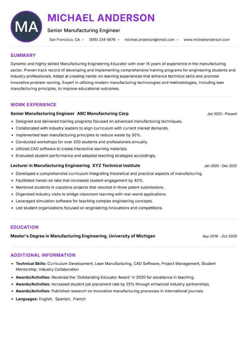 Manufacturing Engineering Educator resume example