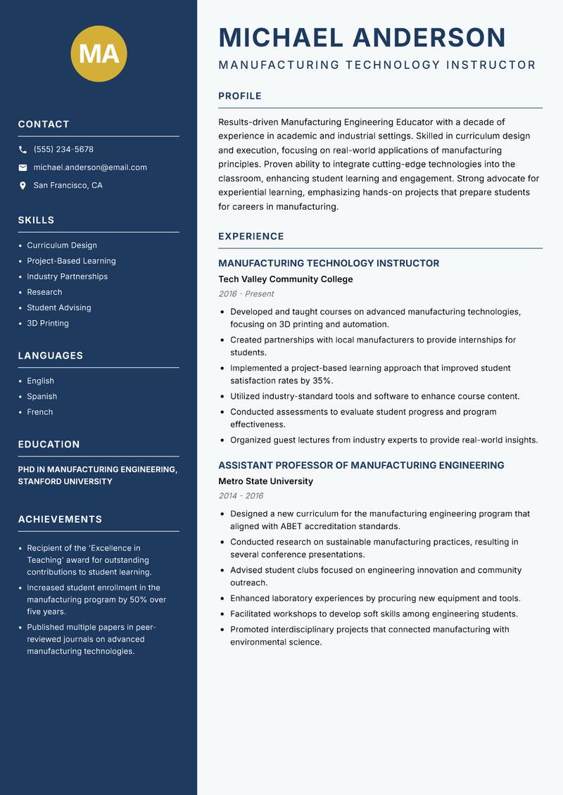 Manufacturing Engineering Educator resume sample — Manufacturing Technology Instructor focus