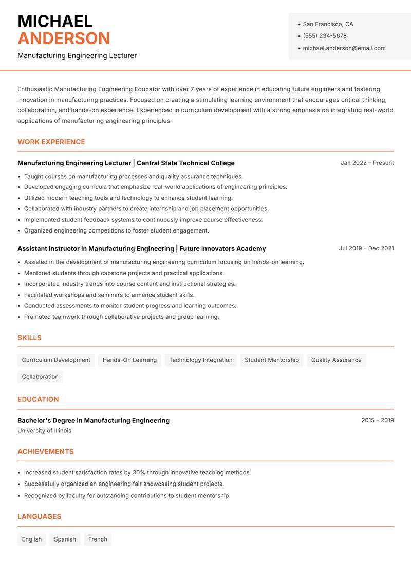 Manufacturing Engineering Educator resume sample — Manufacturing Engineering Lecturer focus