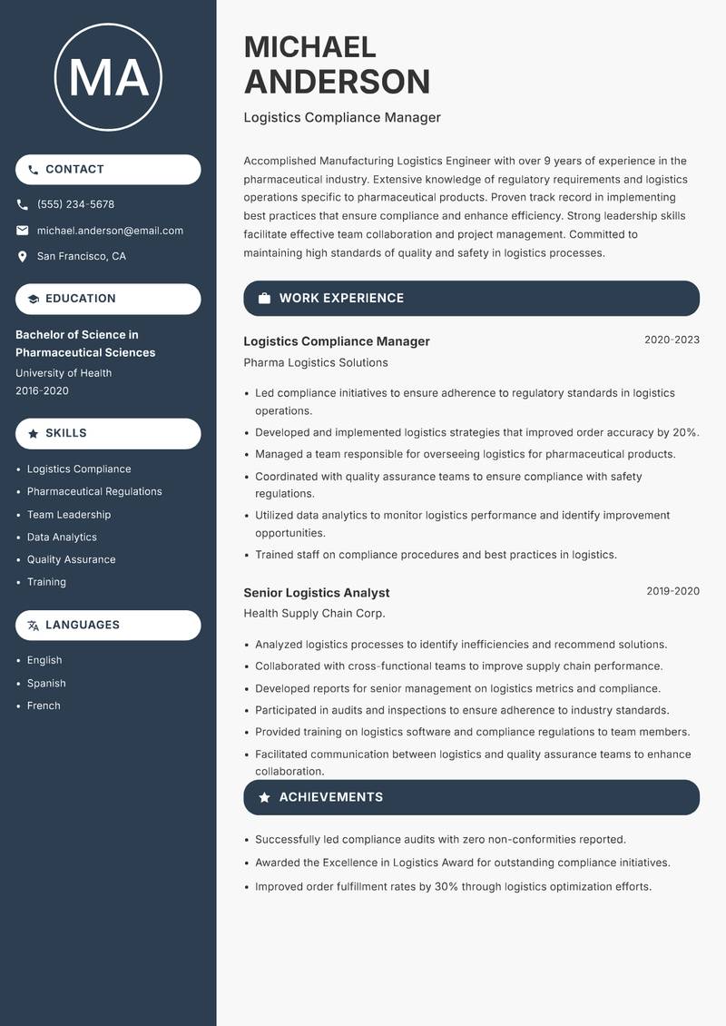 Manufacturing Logistics Engineer resume sample — Logistics Compliance Manager focus