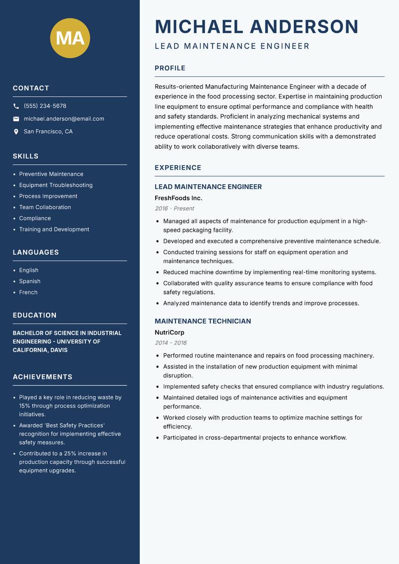 Manufacturing Maintenance Engineer resume sample — Lead Maintenance Engineer focus