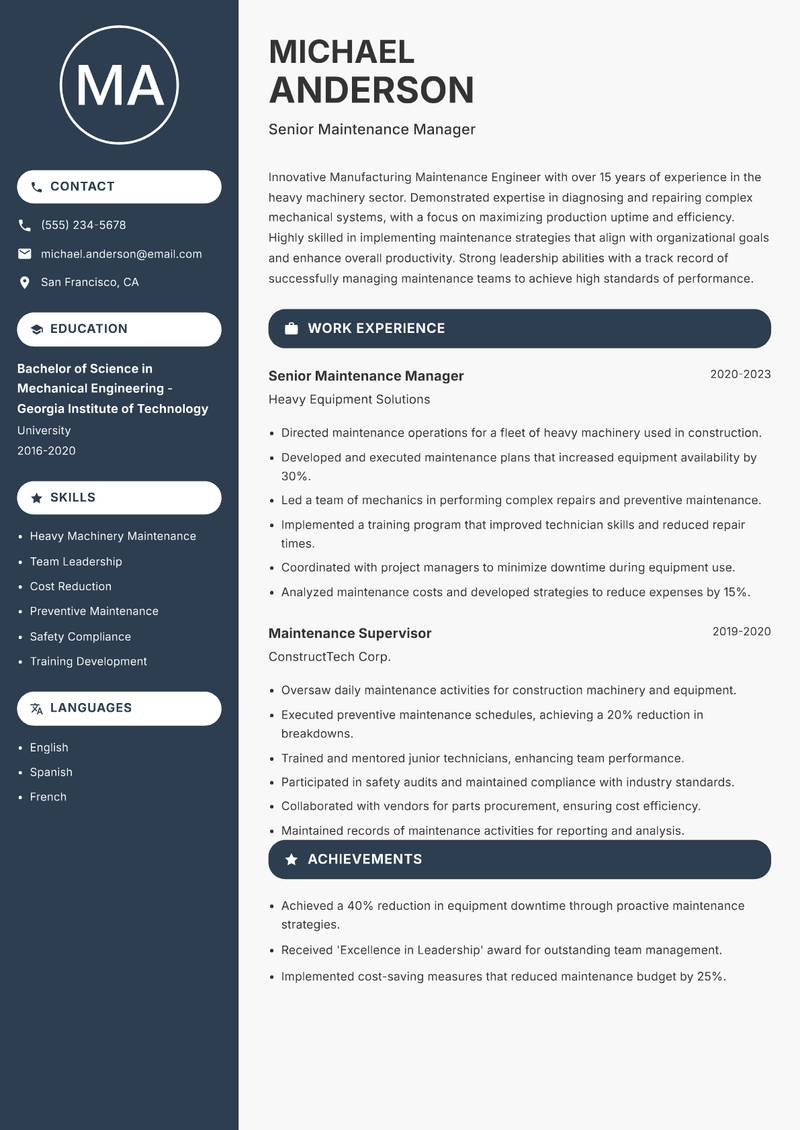 Manufacturing Maintenance Engineer resume sample — Senior Maintenance Manager focus
