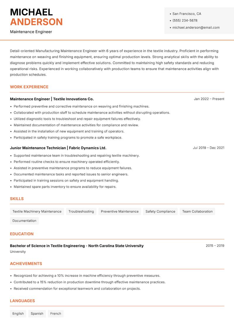 Manufacturing Maintenance Engineer resume sample — Maintenance Engineer focus