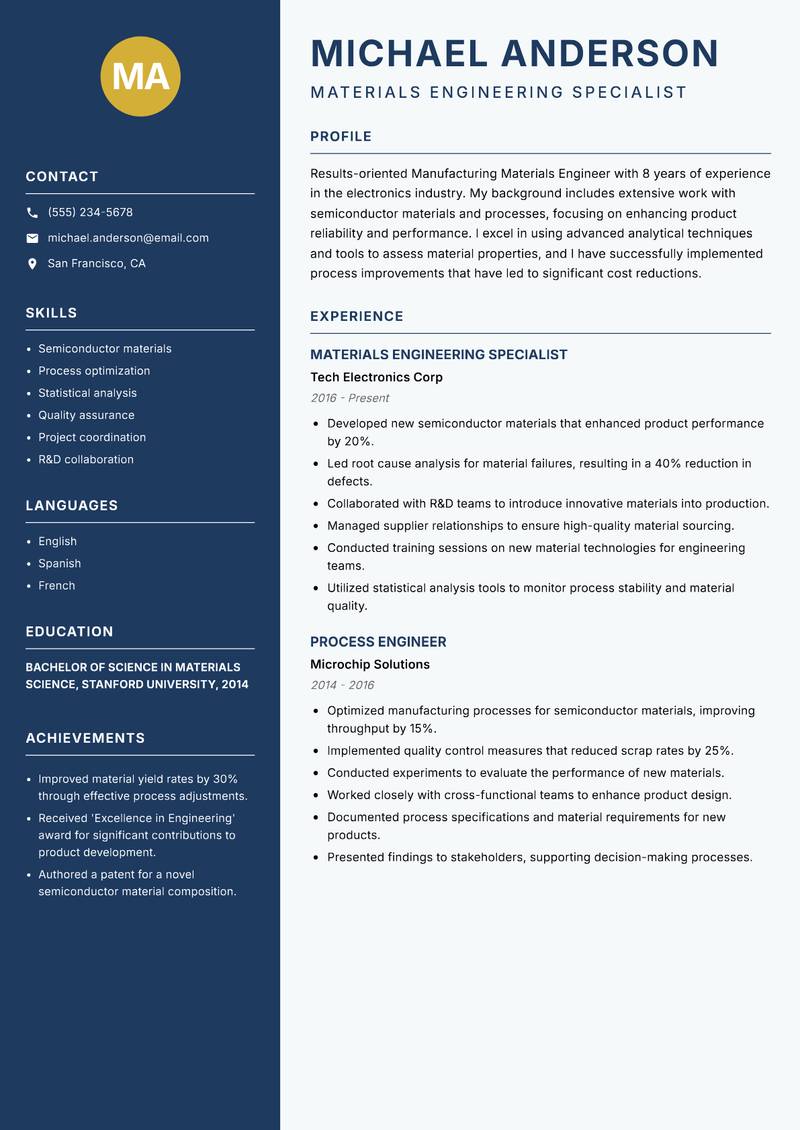 Manufacturing Materials Engineer resume sample — Materials Engineering Specialist focus