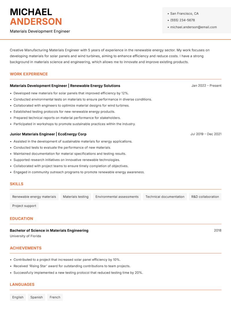 Manufacturing Materials Engineer resume sample — Materials Development Engineer focus