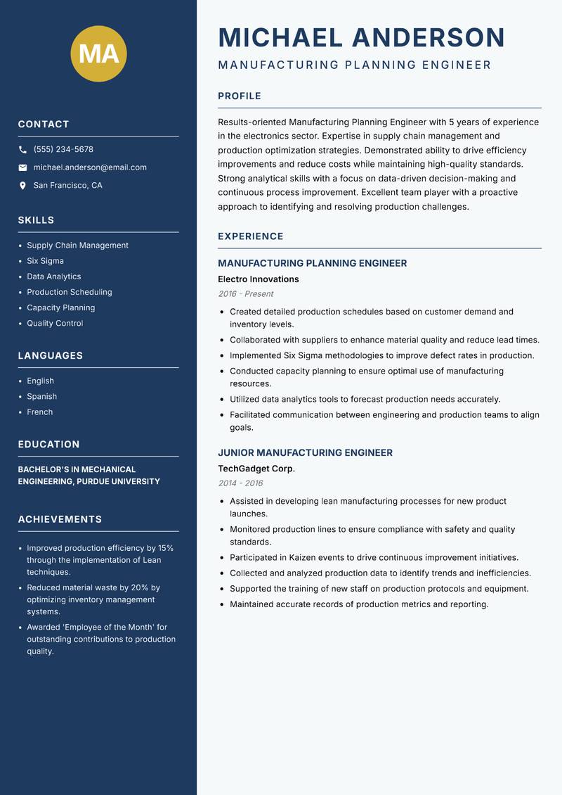 Manufacturing Planning Engineer resume sample — Manufacturing Planning Engineer focus