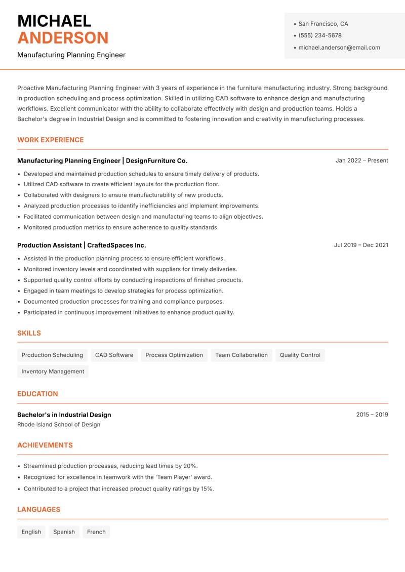 Manufacturing Planning Engineer resume sample — Manufacturing Planning Engineer focus