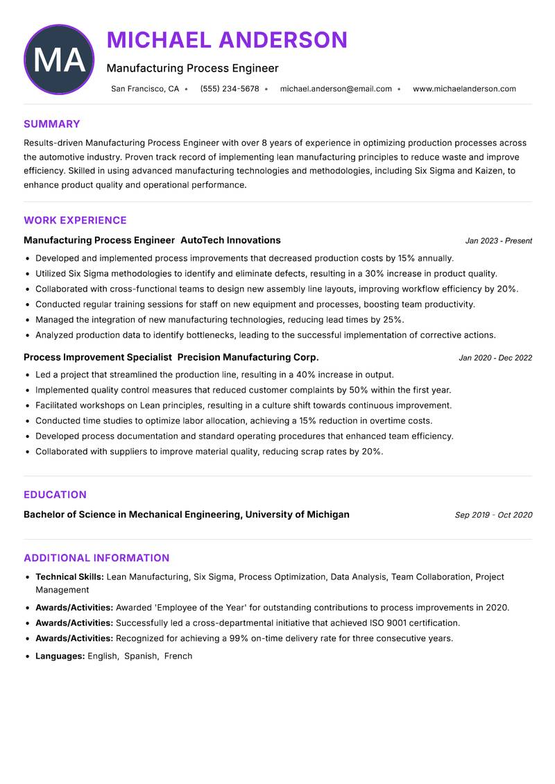Manufacturing Process Engineer resume example