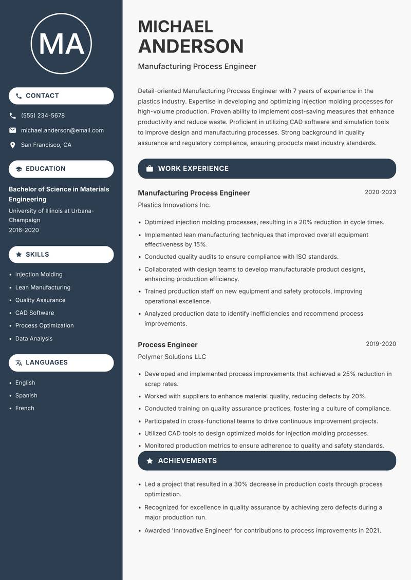 Manufacturing Process Engineer resume sample — Manufacturing Process Engineer focus