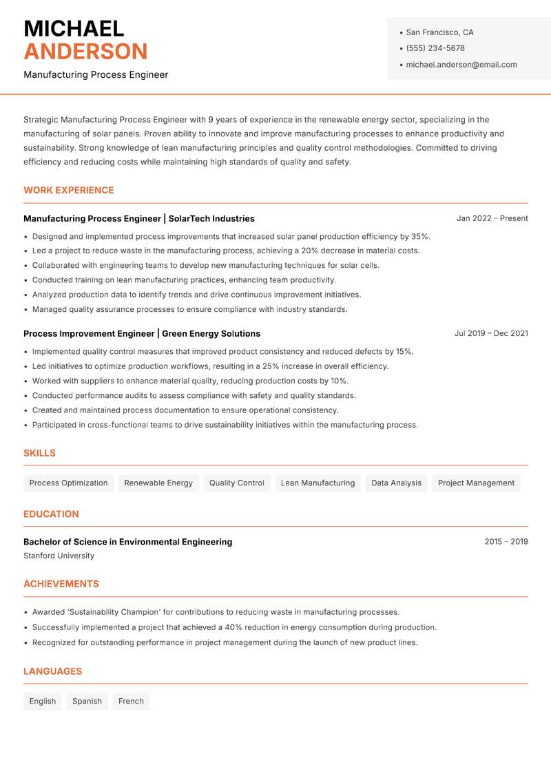 Manufacturing Process Engineer resume sample — Manufacturing Process Engineer focus