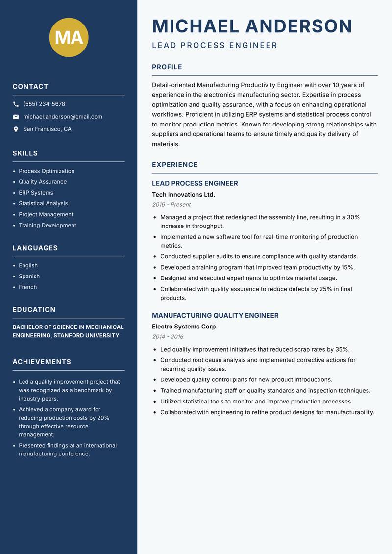Manufacturing Productivity Engineer resume sample — Lead Process Engineer focus